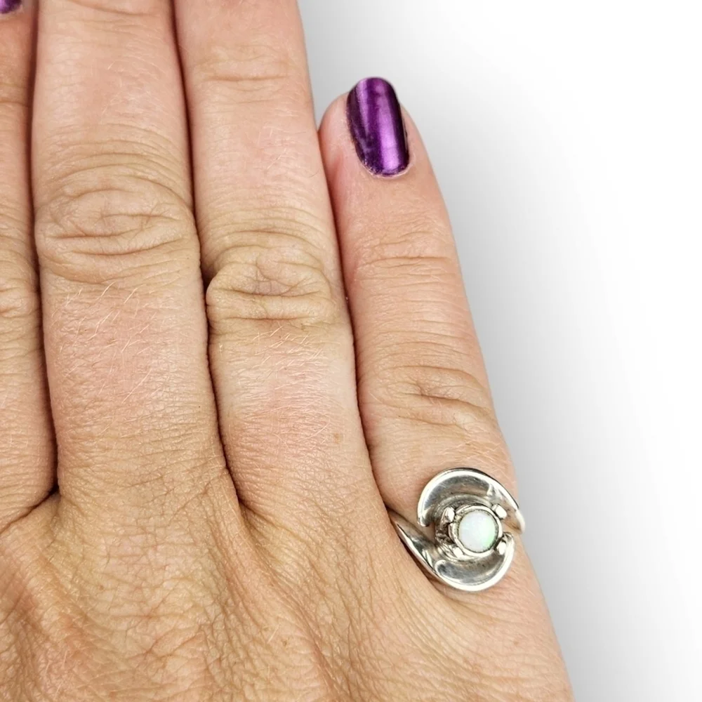 Sterling Opal Bypass Ring Wave Design 925 Silver Lab Created Vintage Size 6.5